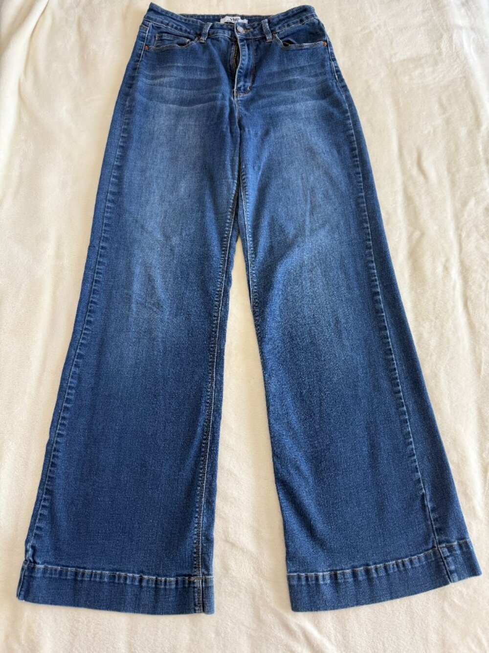 YMI Women's Wide Leg Jeans Medium Wash Denim High Rise Cuffed Hem Size 13/30